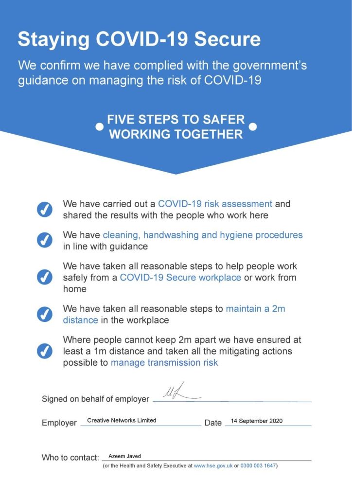 covid 19 secure workplace certificate