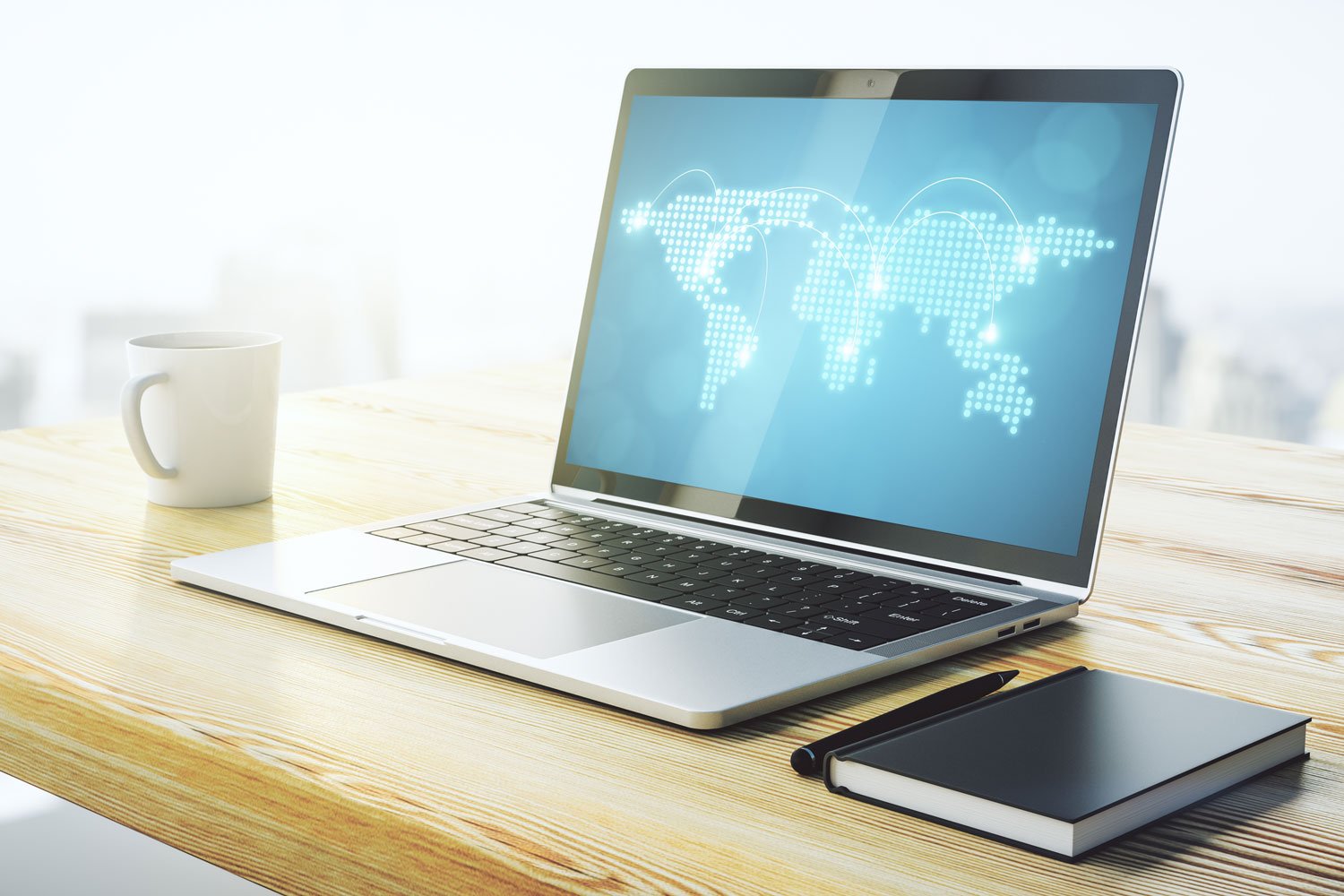 abstract-creative-world-map-with-connections-modern-laptop-screen-international-trading-concept-3d-rendering